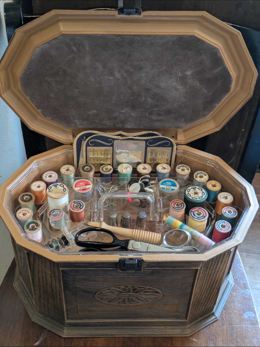 Mid Century Octagonal Sewing Chest with 36 Vintage Wood Spools Plus Fun Extras